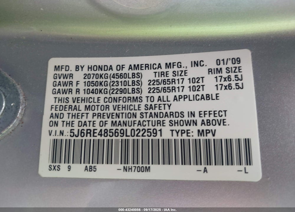 2009 HONDA CR-V VIN: 5J6RE48569L022591