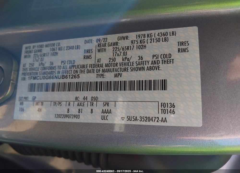 2022 FORD ESCAPE VIN: 1FMCU0G66NUB61265