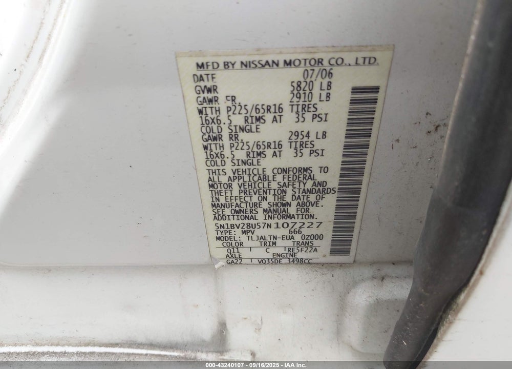 2007 NISSAN QUEST 3.5 SL VIN: 5N1BV28U57N107227