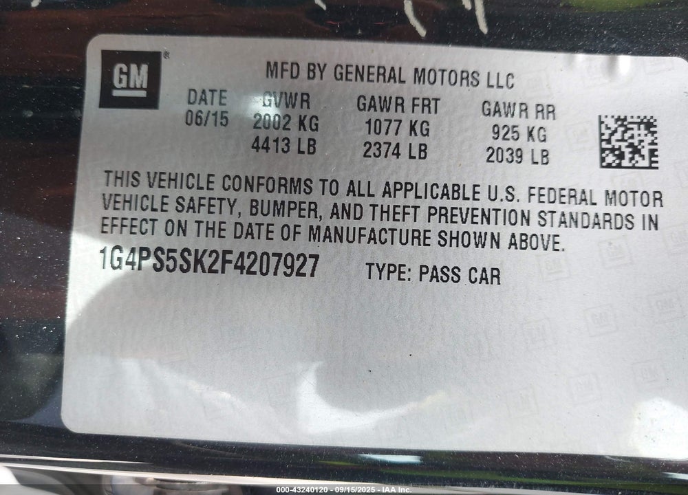 2015 BUICK VERANO VIN: 1G4PS5SK2F4207927