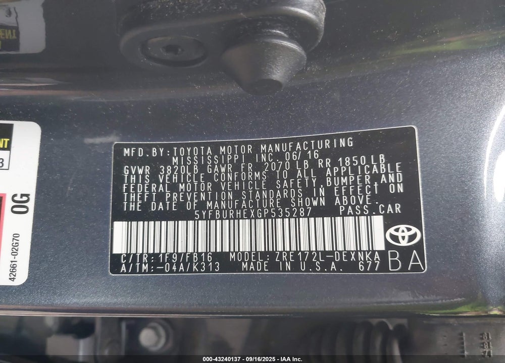 2016 TOYOTA COROLLA LE VIN: 5YFBURHEXGP535287