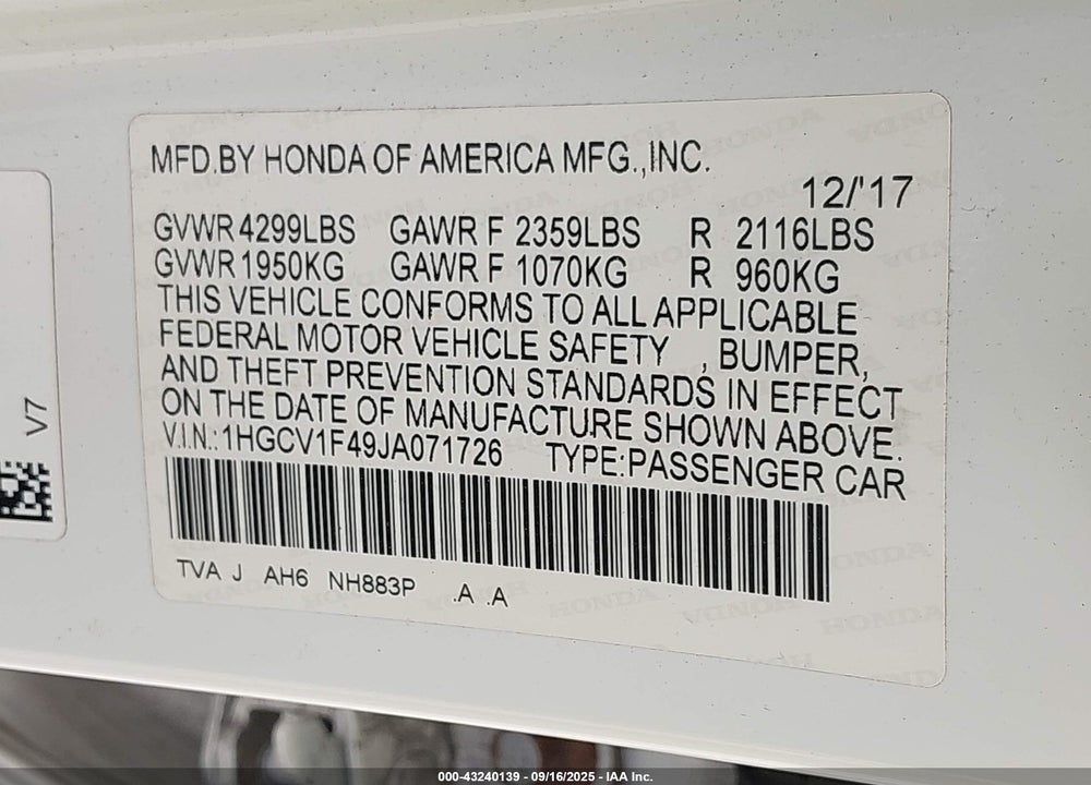 2018 HONDA ACCORD VIN: 1HGCV1F49JA071726