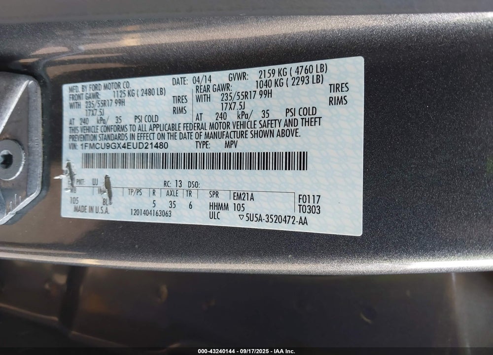 2014 FORD ESCAPE VIN: 1FMCU9GX4EUD21480