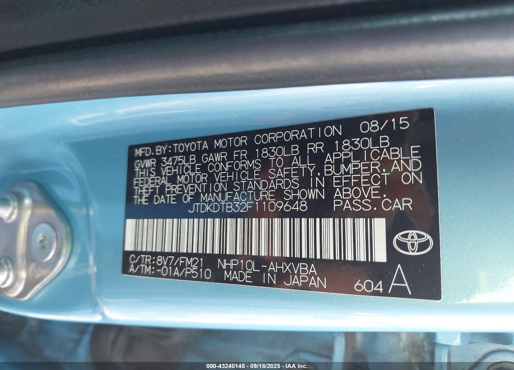 2015 TOYOTA PRIUS C TWO VIN: JTDKDTB32F1109648
