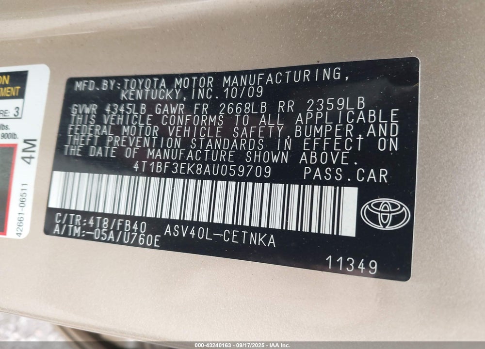 2010 TOYOTA CAMRY VIN: 4T1BF3EK8AU059709