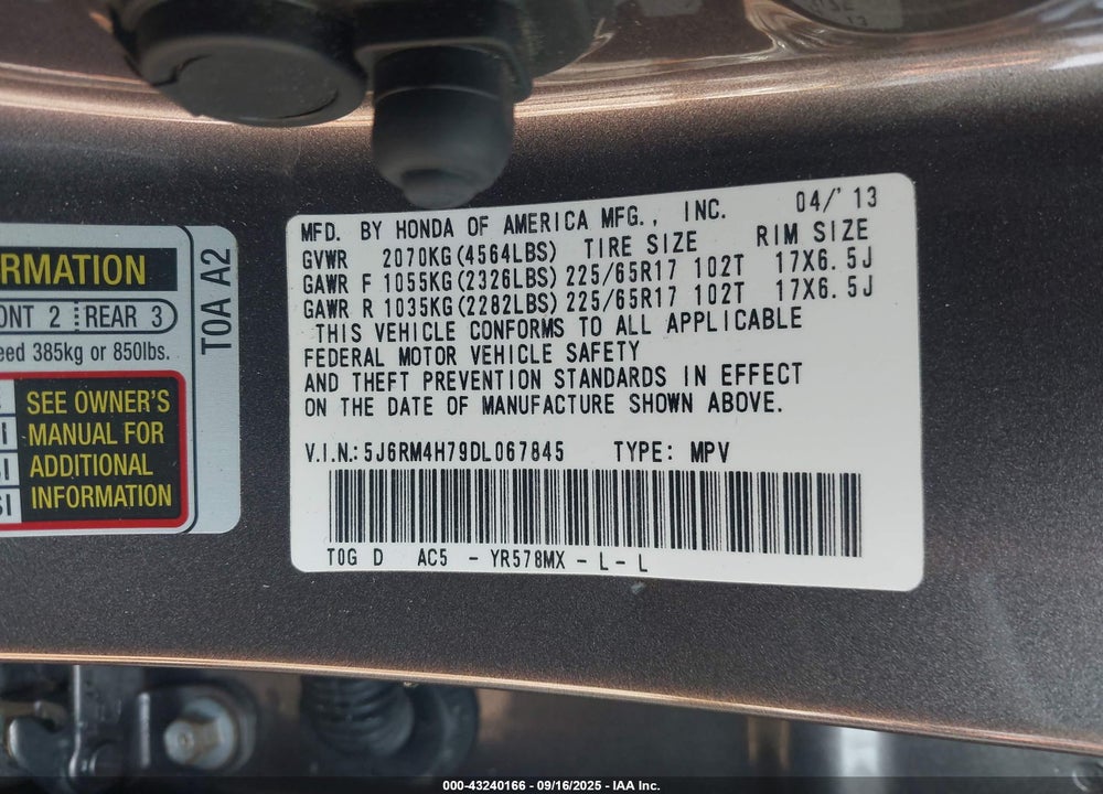 2013 HONDA CR-V VIN: 5J6RM4H79DL067845