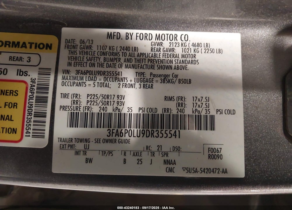 2013 FORD FUSION VIN: 3FA6P0LU9DR355541