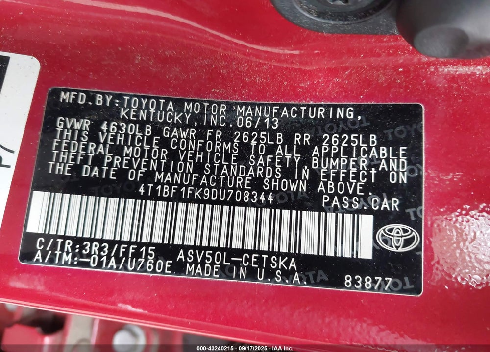 2013 TOYOTA CAMRY VIN: 4T1BF1FK9DU708344