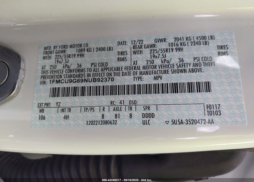 2022 FORD ESCAPE VIN: 1FMCU9G69NUB92370