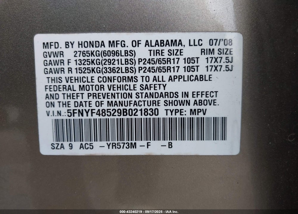 2009 HONDA PILOT VIN: 5FNYF48529B021830
