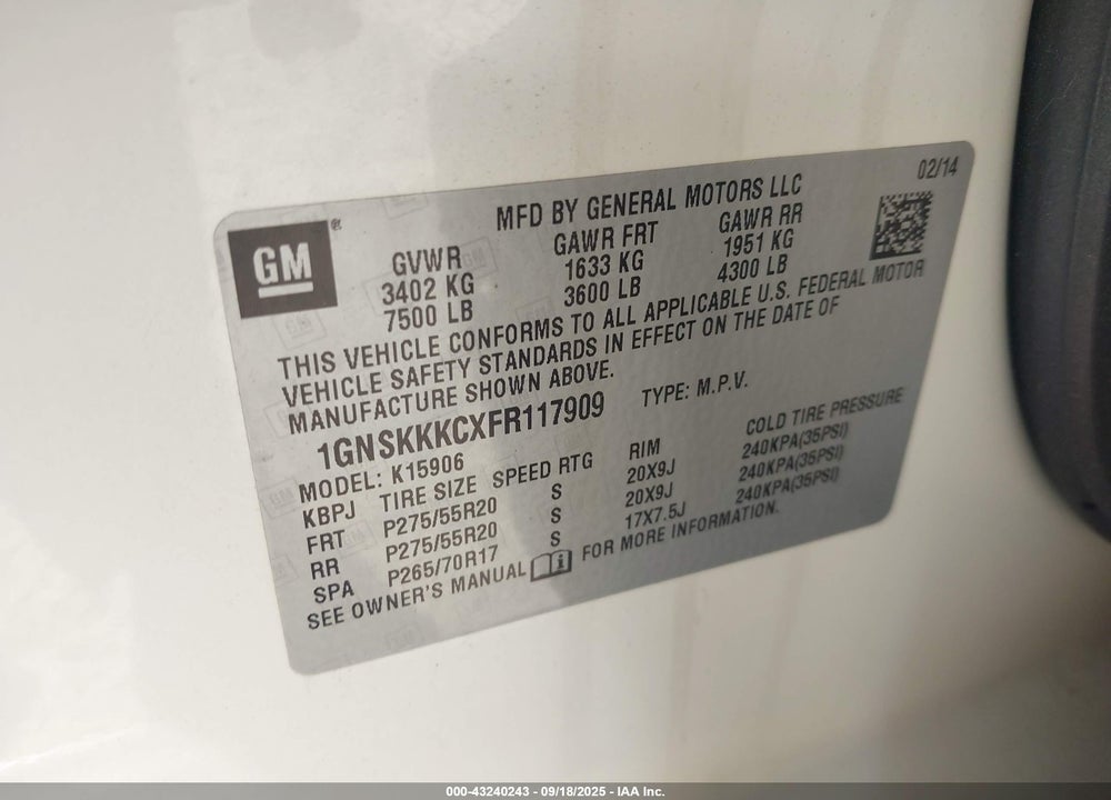 2015 CHEVROLET SUBURBAN 1500 VIN: 1GNSKKKCXFR117909