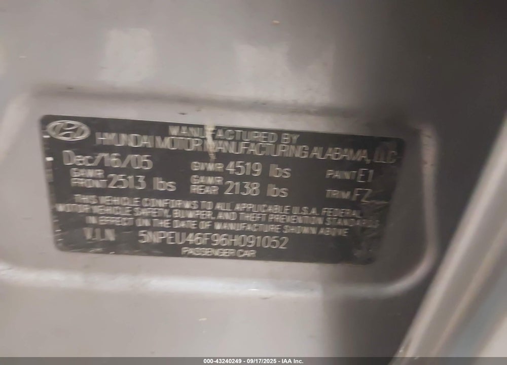 2006 HYUNDAI SONATA GLS V6/LX V6 VIN: 5NPEU46F96H091052