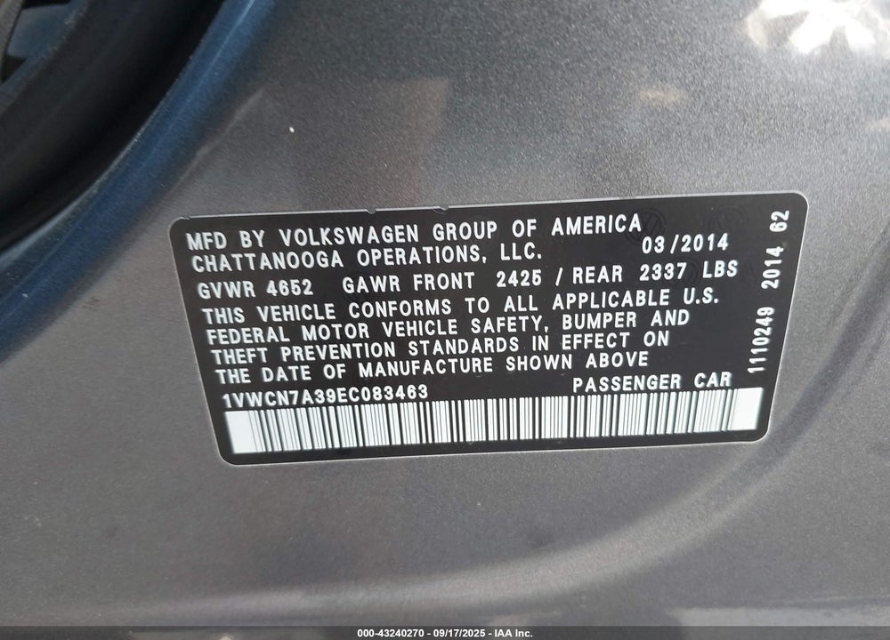 2014 VOLKSWAGEN PASSAT VIN: 1VWCN7A39EC083463