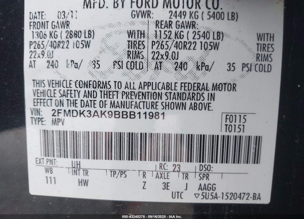 2011 FORD EDGE SPORT VIN: 2FMDK3AK9BBB11981