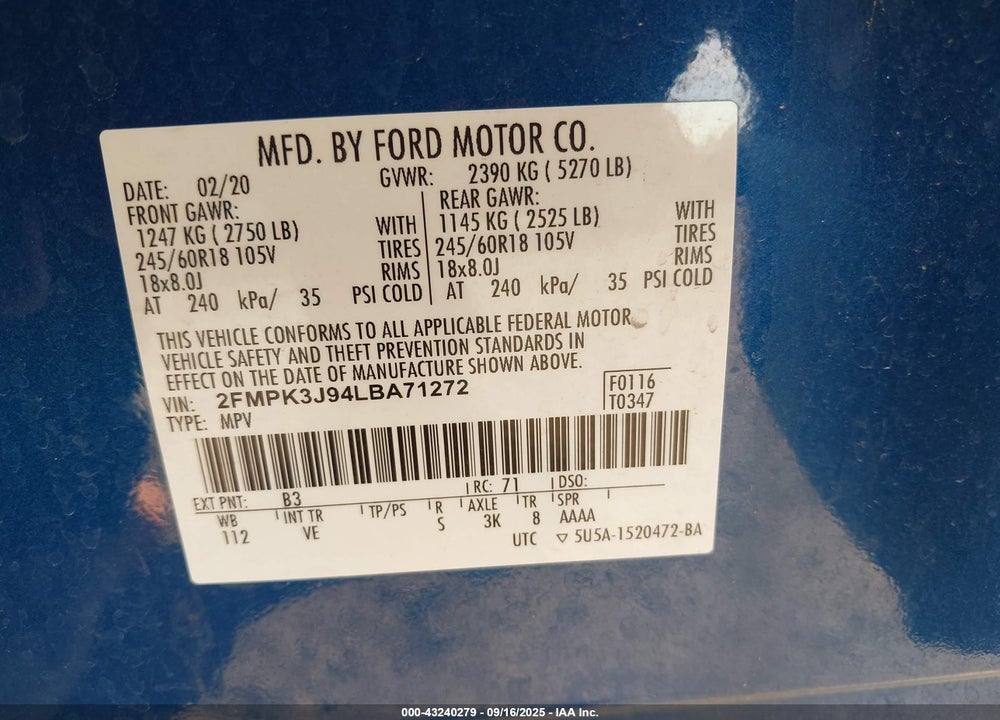2020 FORD EDGE SEL VIN: 2FMPK3J94LBA71272
