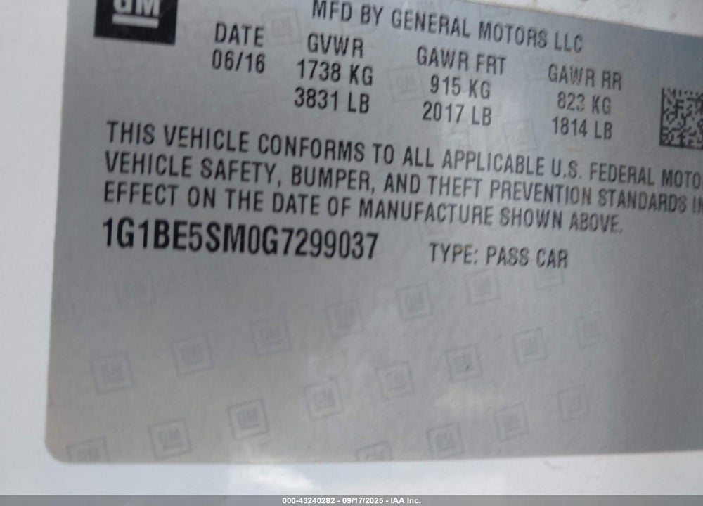 2016 CHEVROLET CRUZE VIN: 1G1BE5SM0G7299037