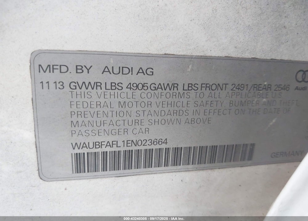 2014 AUDI A4 VIN: WAUBFAFL1EN023664