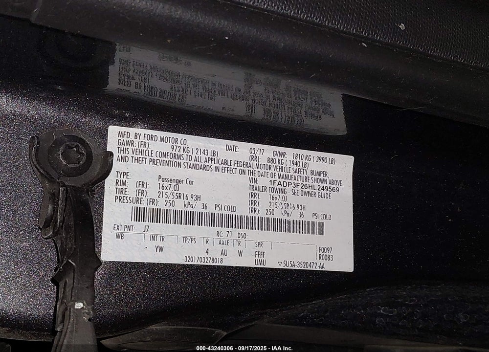 2017 FORD FOCUS VIN: 1FADP3F26HL249569