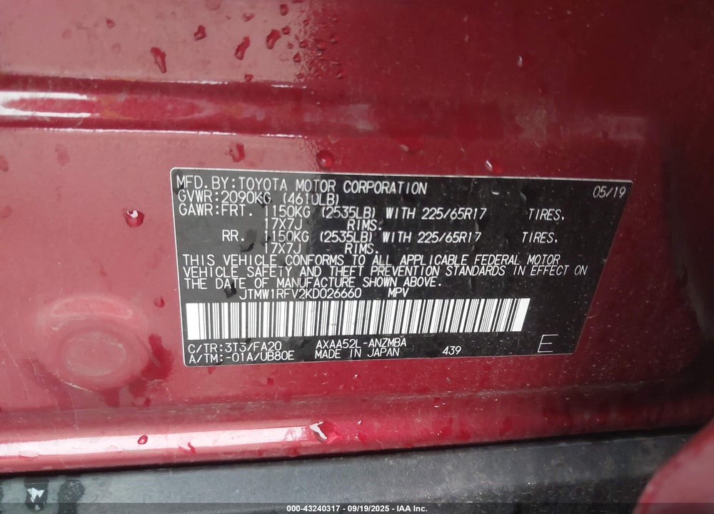 2019 TOYOTA RAV4 VIN: JTMW1RFV2KD026660