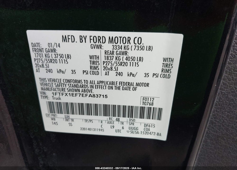 2014 FORD F-150 VIN: 1FTFX1EF7EFA83715