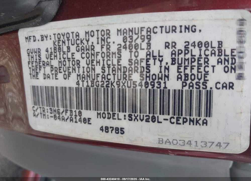 1999 TOYOTA CAMRY LE VIN: 4T1BG22K9XU540931