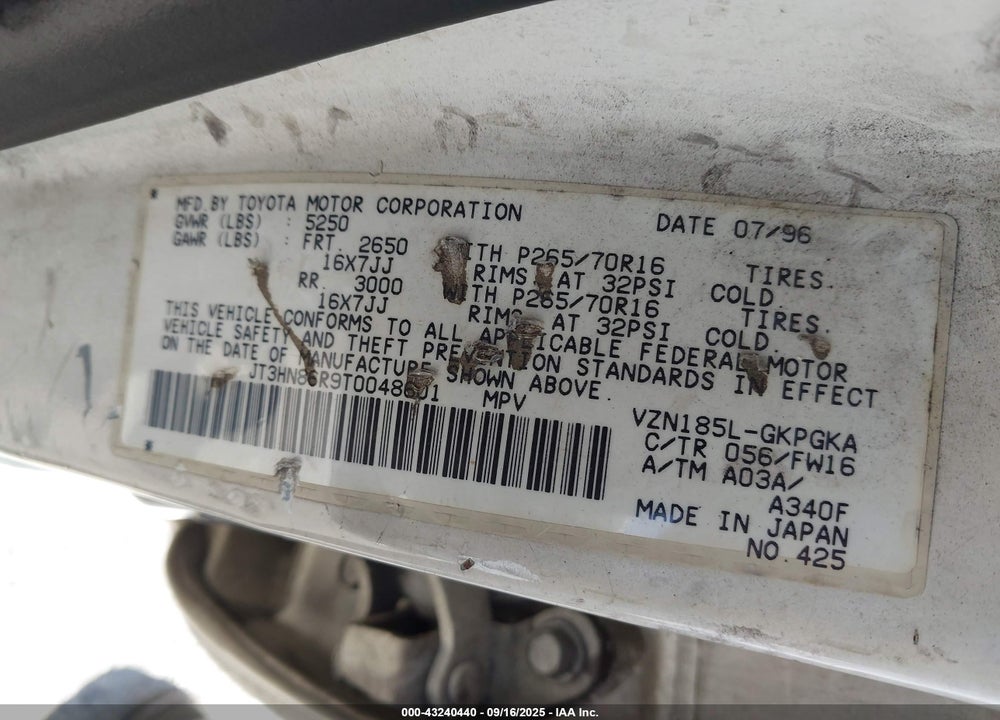 1996 TOYOTA 4RUNNER SR5 VIN: JT3HN86R9T0048601