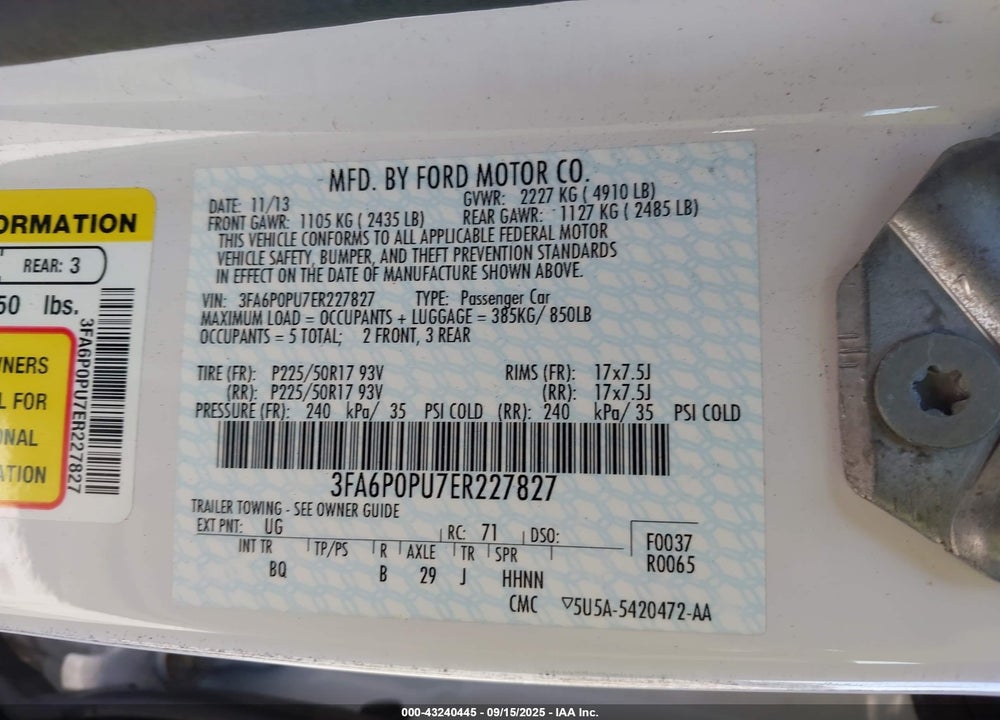 2014 FORD FUSION VIN: 3FA6P0PU7ER227827