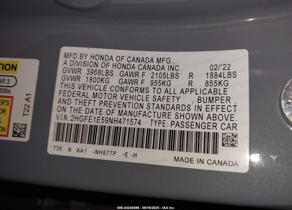 2022 HONDA CIVIC VIN: 2HGFE1E59NH471574