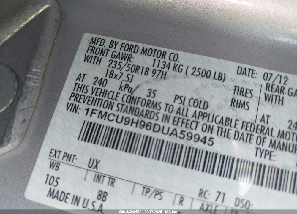 2013 FORD ESCAPE VIN: 1FMCU9H96DUA59945
