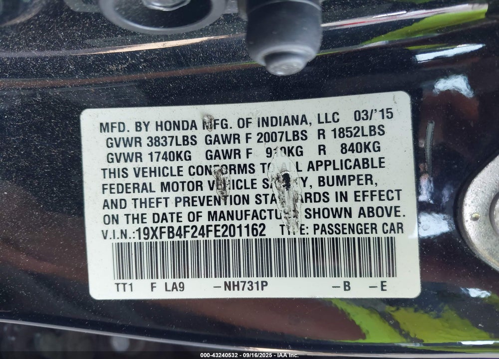 2015 HONDA CIVIC HYBRID VIN: 19XFB4F24FE201162