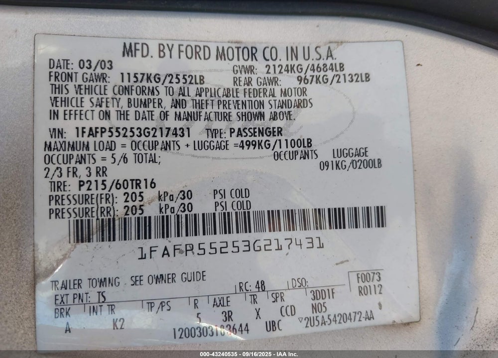 2003 FORD TAURUS SES VIN: 1FAFP55253G217431