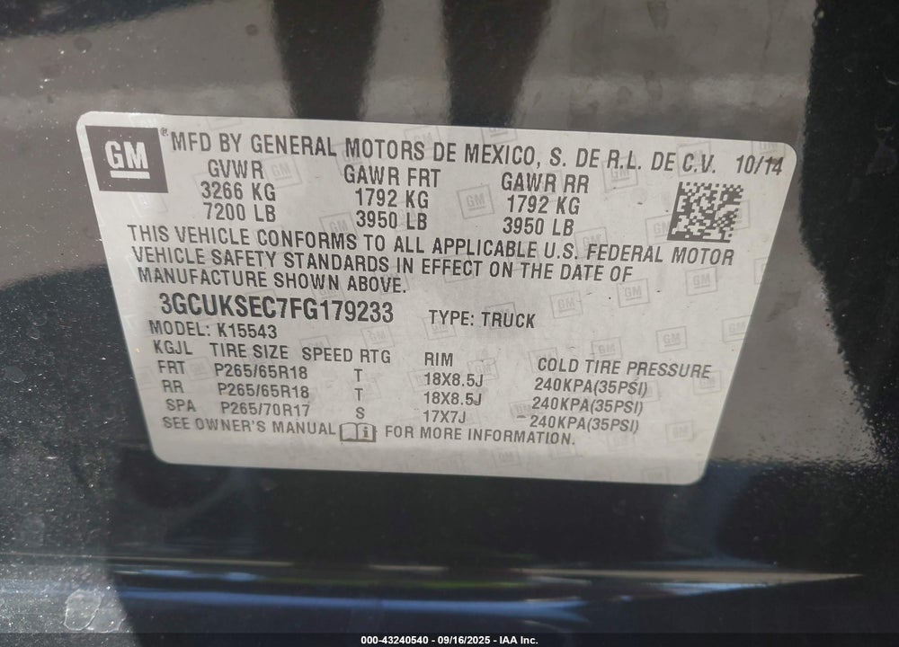 2015 CHEVROLET SILVERADO 1500 VIN: 3GCUKSEC7FG179233