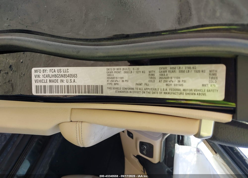 2022 JEEP GRAND CHEROKEE VIN: 1C4RJHBG5N8540563