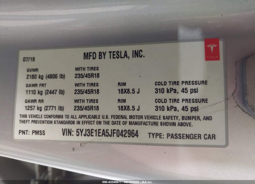 2018 TESLA MODEL 3 VIN: 5YJ3E1EA5JF042964