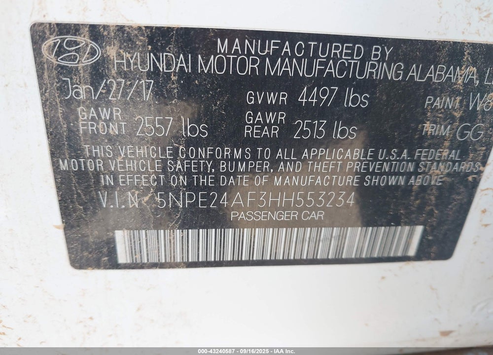 2017 HYUNDAI SONATA VIN: 5NPE24AF3HH553234