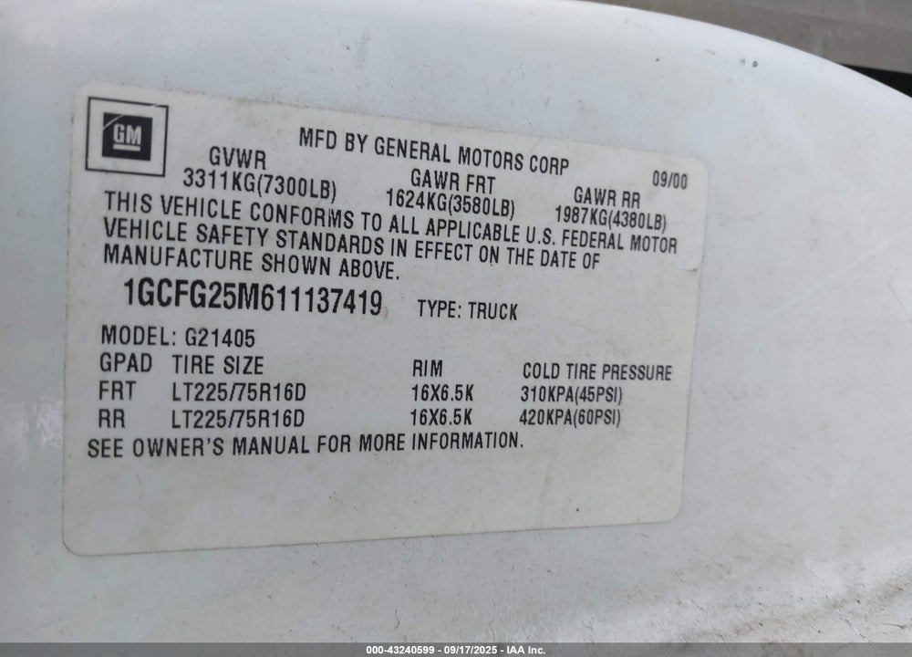2001 CHEVROLET EXPRESS VIN: 1GCFG25M611137419