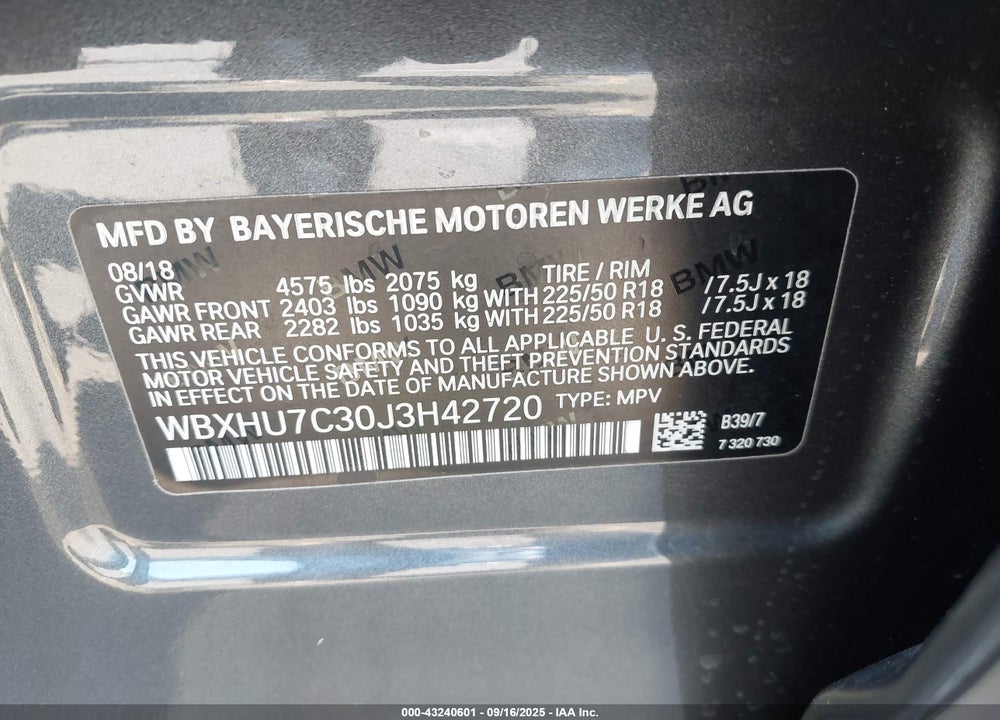 2018 BMW X1 VIN: WBXHU7C30J3H42720