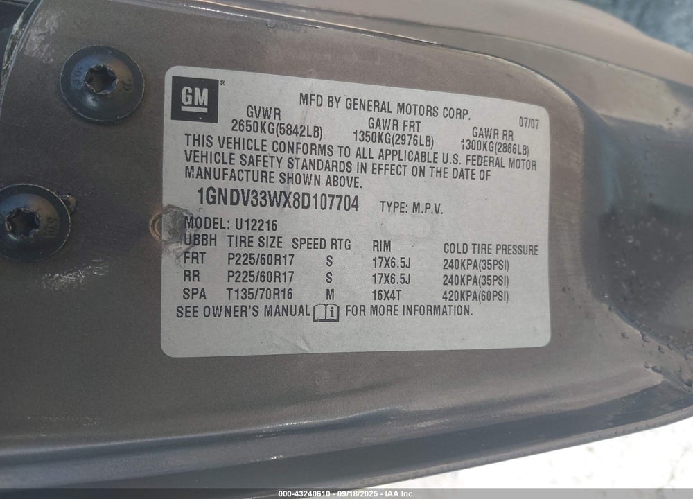 2008 CHEVROLET UPLANDER VIN: 1GNDV33WX8D107704