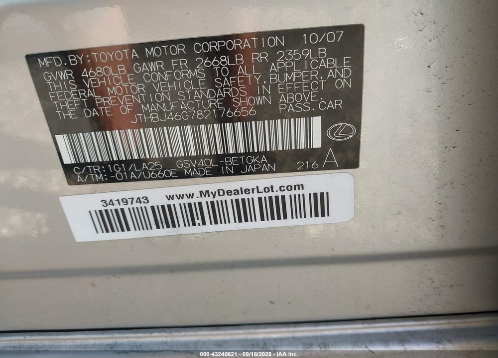 2008 LEXUS ES 350 VIN: JTHBJ46G782176656