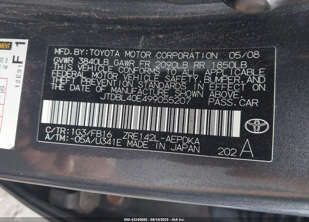 2009 TOYOTA COROLLA VIN: JTDBL40E499055207