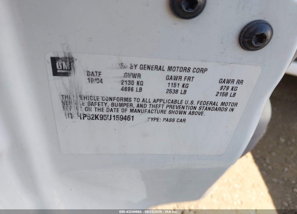 2005 BUICK LESABRE CUSTOM VIN: 1G4HP52K95U159461