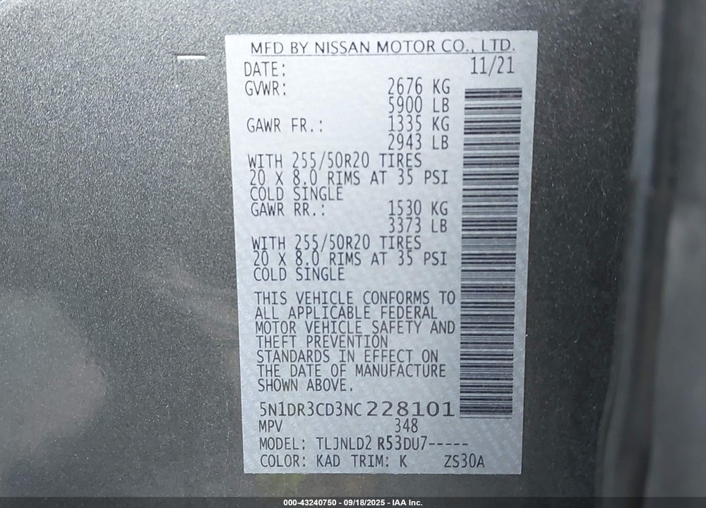 2022 NISSAN PATHFINDER VIN: 5N1DR3CD3NC228101