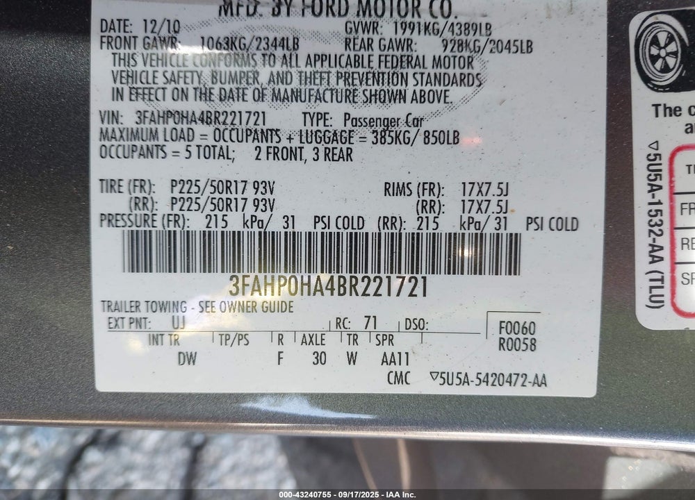 2011 FORD FUSION VIN: 3FAHP0HA4BR221721