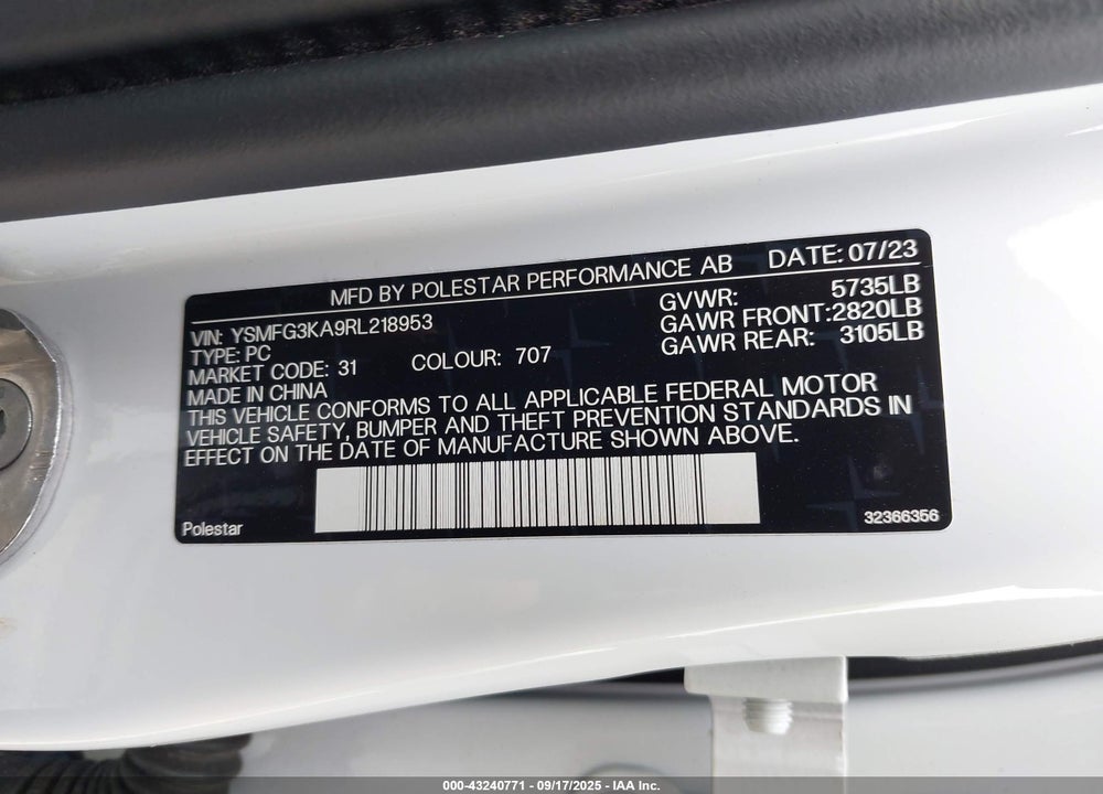 2024 POLESTAR 2 LONG RANGE DUAL MOTOR PERFORMANCE PLUS VIN: YSMFG3KA9RL218953