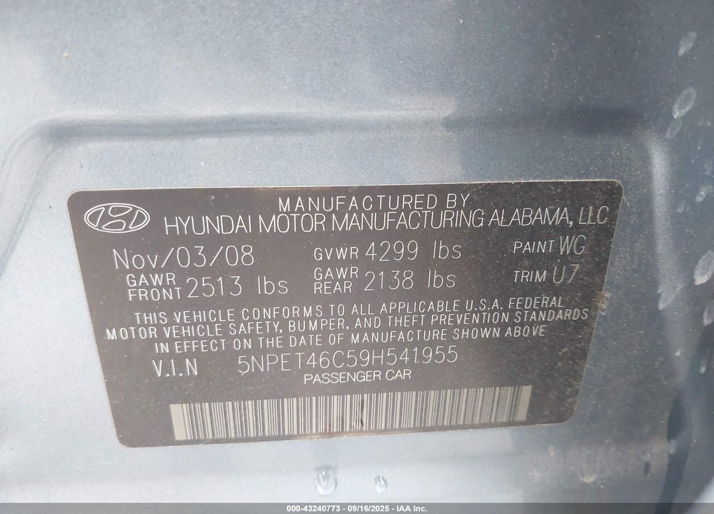 2009 HYUNDAI SONATA GLS VIN: 5NPET46C59H541955