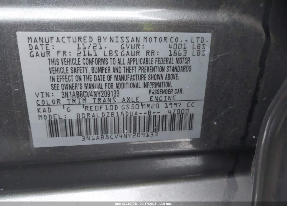 2022 NISSAN SENTRA VIN: 3N1AB8CV4NY209133