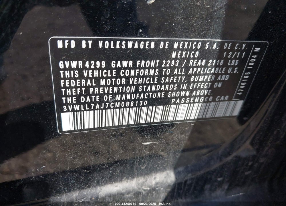 2012 VOLKSWAGEN JETTA 2.0L TDI VIN: 3VWLL7AJ7CM088130