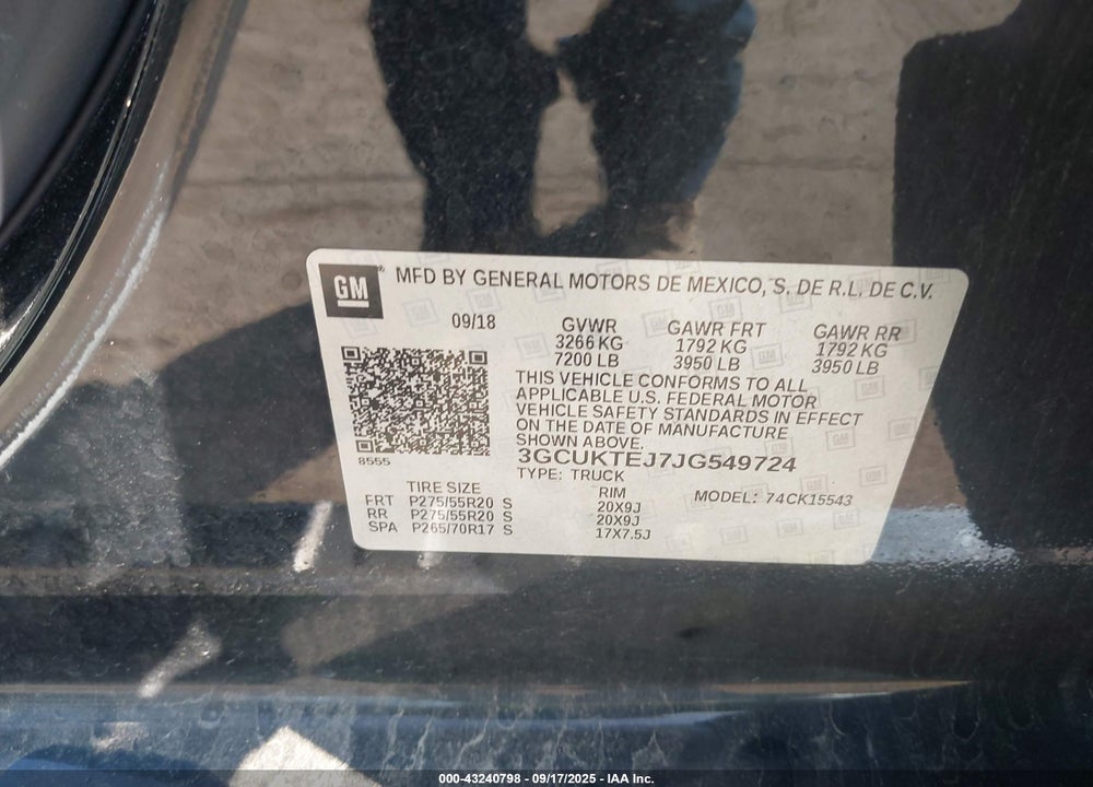 2018 CHEVROLET SILVERADO 1500 VIN: 3GCUKTEJ7JG549724