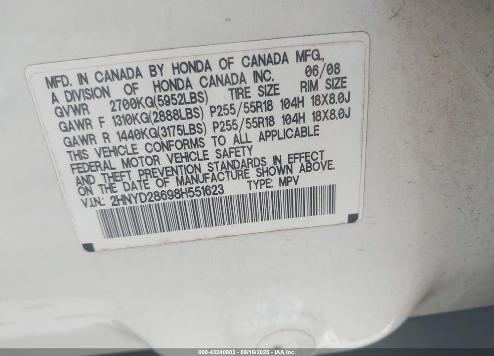 2008 ACURA MDX TECHNOLOGY PACKAGE VIN: 2HNYD28698H551623