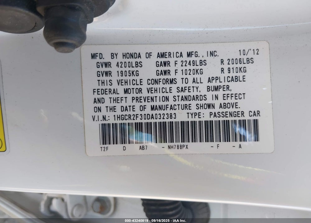 2013 HONDA ACCORD VIN: 1HGCR2F30DA032383